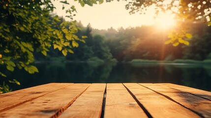 Poster - Wooden Pier with Sunset Reflections on a Serene Forest Lake : Generative AI