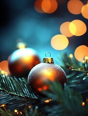 Aufkleber - Festive Christmas Ornament with Golden Lights on Evergreen Branches : Generative AI