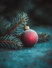 Fototapete - Sparkling Red Christmas Ornament Hanging on Evergreen Branch in Festive Holiday Scene : Generative AI