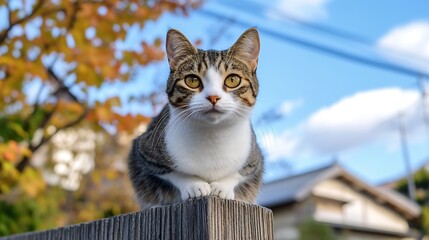 Aufkleber - Curious Tabby Cat Sitting on Fence with Vibrant Autumn Colors and Blue Sky : Generative AI