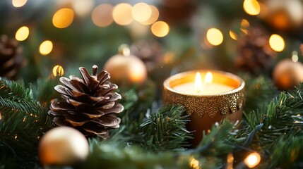 Aufkleber - Cozy Christmas Candlelit Pinecones and Golden Ornaments on Christmas Tree Branches with Warm Bokeh Lights : Generative AI