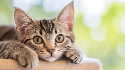 Poster - BrightEyed Kitten Relaxed on Soft Beige Cushion with Blurred Green Background : Generative AI