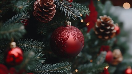 Aufkleber - Festive Christmas Tree with Red Baubles Illuminated by Warm Holiday Lights : Generative AI