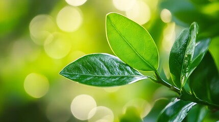 Aufkleber - Closeup of Dewy Green Leaves with Bokeh Sunlight Effects : Generative AI