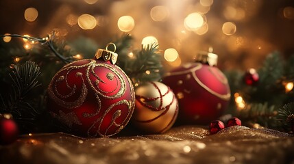 Aufkleber - Beautifully Decorated Christmas Tree Branches with Red and Gold Ornaments and Sparkling Lights : Generative AI