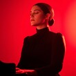 © MetaKibo - A woman playing piano in dramatic red lighting, evoking emotion and artistry.