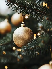 Aufkleber - Closeup of Golden Bauble Hanging on a Christmas Tree with Sparkling Lights : Generative AI