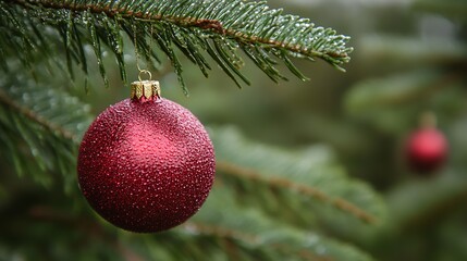 Aufkleber - Red Christmas Ornament Hanging on Evergreen Tree with Blurred Background for Holiday Decor : Generative AI