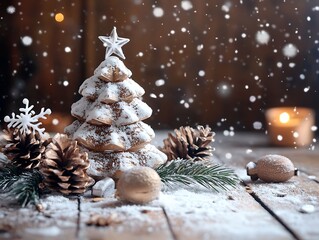 Aufkleber - SnowCovered Gingerbread Christmas Tree with Pine Cones and Candlelight Ambiance : Generative AI