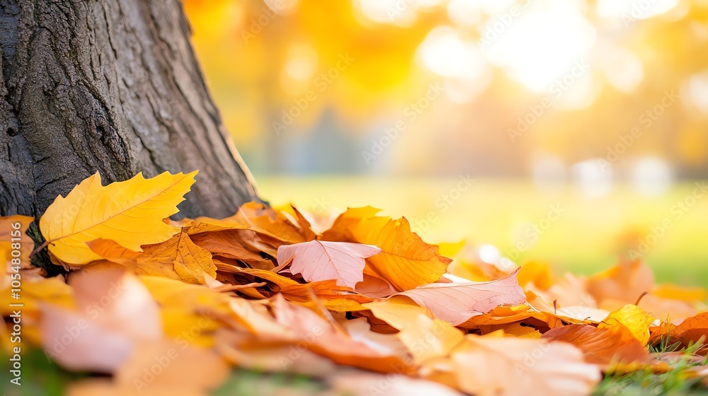 Autumn leaves piled around the base of a large, old tree in a park ...