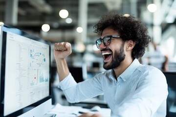 Poster - A joyful man with glasses and curly hair cheers in front of a computer screen displaying graphs and data, celebrating a remarkable achievement at work.
