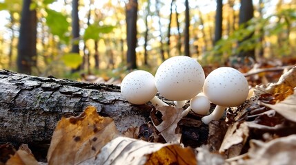 Poster - Mushrooms Growing on Forest Floor Amidst Autumn Leaves and Sunlit Trees : Generative AI