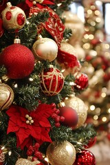 Aufkleber - Luxurious Red and Gold Christmas Tree Ornaments with Green Foliage for Festive Holiday Decor : Generative AI