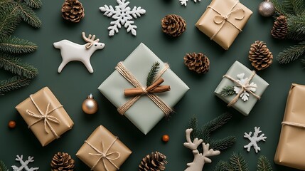 Poster - Assorted Rustic Christmas Gift Boxes with Pine Cones and Evergreen Decorations on Dark Green Table : Generative AI