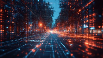 Poster - A digital cityscape with glowing data streams and vibrant lights.