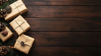 Aufkleber - Elegant Rustic Christmas Gift Boxes with Natural Decor on Wooden Background : Generative AI