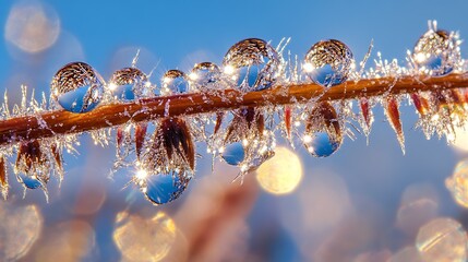 Poster - Icy Dew Drops on a Frosted Plant Stem Reflecting Morning Light : Generative AI