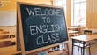 © Nemanja - Chalkboard in English Classroom with Empty Desks and Chairs