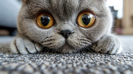 Poster - CloseUp of Adorable British Shorthair Kitten with Wide Round Eyes on Soft Carpet : Generative AI