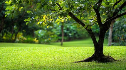 Poster - Lush Green Park with Sprawling Tree and Sunlit Grassy Meadow in a Serene Outdoor Setting : Generative AI