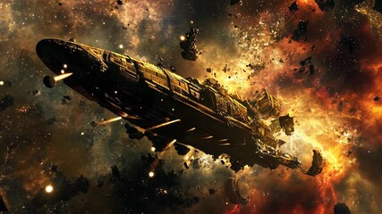 Wall Mural - a large spaceship flies through space, dodging a field of asteroids and debris