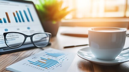 Poster - Workplace Productivity with Coffee Laptop and Analytical Charts at Desk : Generative AI