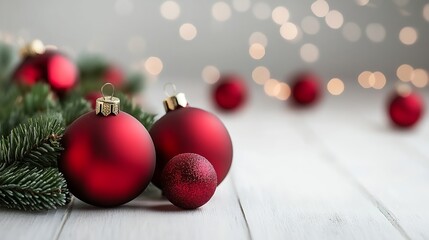 Aufkleber - Classic Red Christmas Baubles with Green Pine Branches and Elegant Holiday Lighting : Generative AI