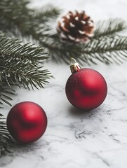 Poster - Elegant Red Christmas Baubles on Marble with Evergreen Branches and Pinecones : Generative AI