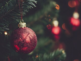 Aufkleber - CloseUp of Sparkling Red Christmas Bauble on a Lush Green Pine Tree Branch : Generative AI