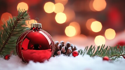 Aufkleber - Close up of Christmas Bauble with Pinecones and Fairy Lights in Winter Setting : Generative AI