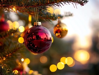 Aufkleber - Sparkling Red and Gold Christmas Baubles on Evergreen at Dusk : Generative AI