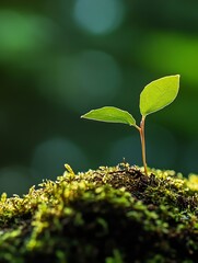 Aufkleber - Young Plant Sprouting from Mossy Ground in Lush Green Forest : Generative AI