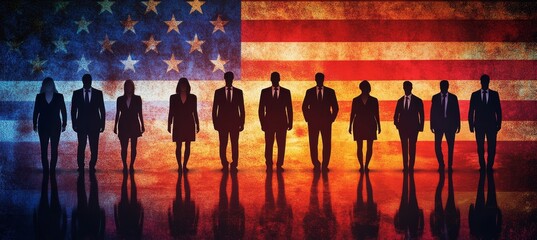 Poster - Group of business people in formal suit with America flag. 4th of July or independence day background. Generative AI technology.	
