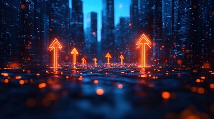 Poster - Neon arrows in a futuristic cityscape with a rainy atmosphere.