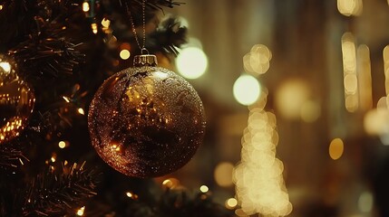 Aufkleber - Warm Golden Christmas Tree Ornaments with Sparkling Lights in Elegant Ambiance for Holidays : Generative AI