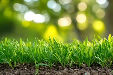 Aufkleber - Vibrant Green Grass Blades on Soil with Sunlit Bokeh Background for Nature Themes : Generative AI