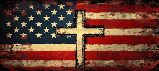 Jesus Cross. Religion faith worship spirituality concept. 4th of July or American independence day. Grunge vintage effect. Generative AI technology.	
