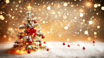 Aufkleber - Illuminated Christmas Tree in Snowy Wonderland with Magic Bokeh Lights : Generative AI