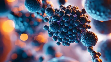 Wall Mural - a close-up of a cluster of blue, spherical cells against a blurred background of warm, orange hues