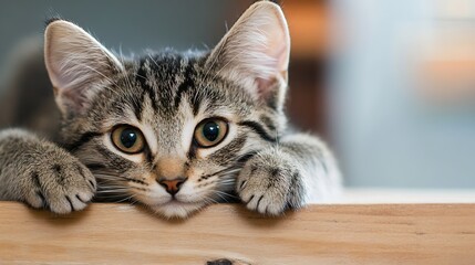 Poster - Playful Tabby Kitten Peeking Over Edge Indoors in Warm Cozy Room Setting : Generative AI