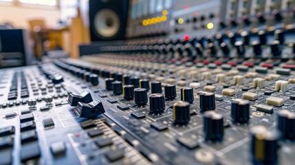 Close up of audio mixer console in recording studio, with buttons and faders for music mixing. Shows creativity in music production