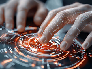 Poster - Futuristic close-up of hands interacting with a virtual keyboard showcasing technological innovation and digital interface