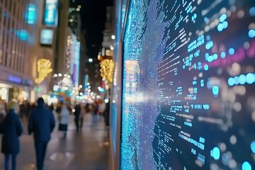 Aufkleber - Blurred Abstract Urban Night Cityscape with Digital Data Overlay on Glass Pane : Generative AI