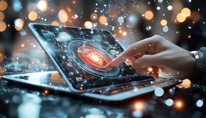 Poster - Futuristic tablet interface displaying market trend analysis with interactive data visualization and dynamic insights