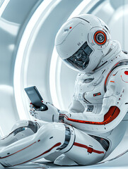 Poster - Futuristic high-tech workstation featuring ai assistant in a sleek sci-fi environment emphasizing advanced technology and connectivity