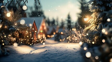Aufkleber - Cozy Snowy Winter Village Scene with Illuminated Homes and Pine Trees : Generative AI