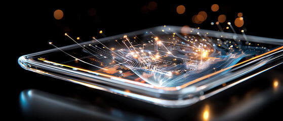 Poster - Futuristic transparent tablet showcasing innovative digital interactions and data visualization in a high-tech environment
