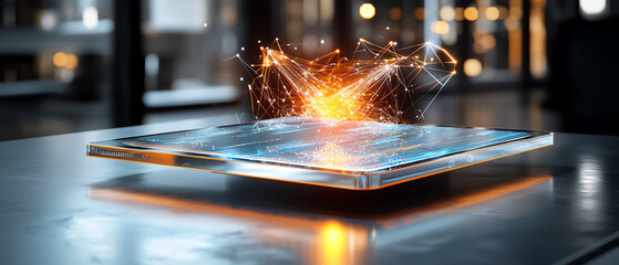 Poster - Innovative transparent tablet displaying data visualization and connectivity in a modern workspace environment