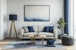 © Generative AI - Modern living room with blue accents and abstract painting in a stylish and inviting interior design : Generative AI