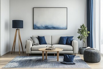 modern living room with blue accents and abstract painting in a stylish and inviting interior design